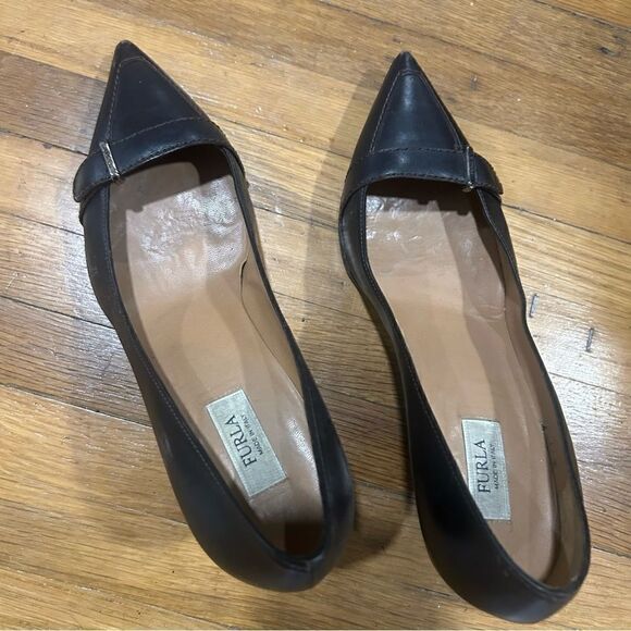 Furla Leather Dark Chocolate Brown Pointed Toe Loafer Kitten Heels, size 37 - Picture 6 of 11